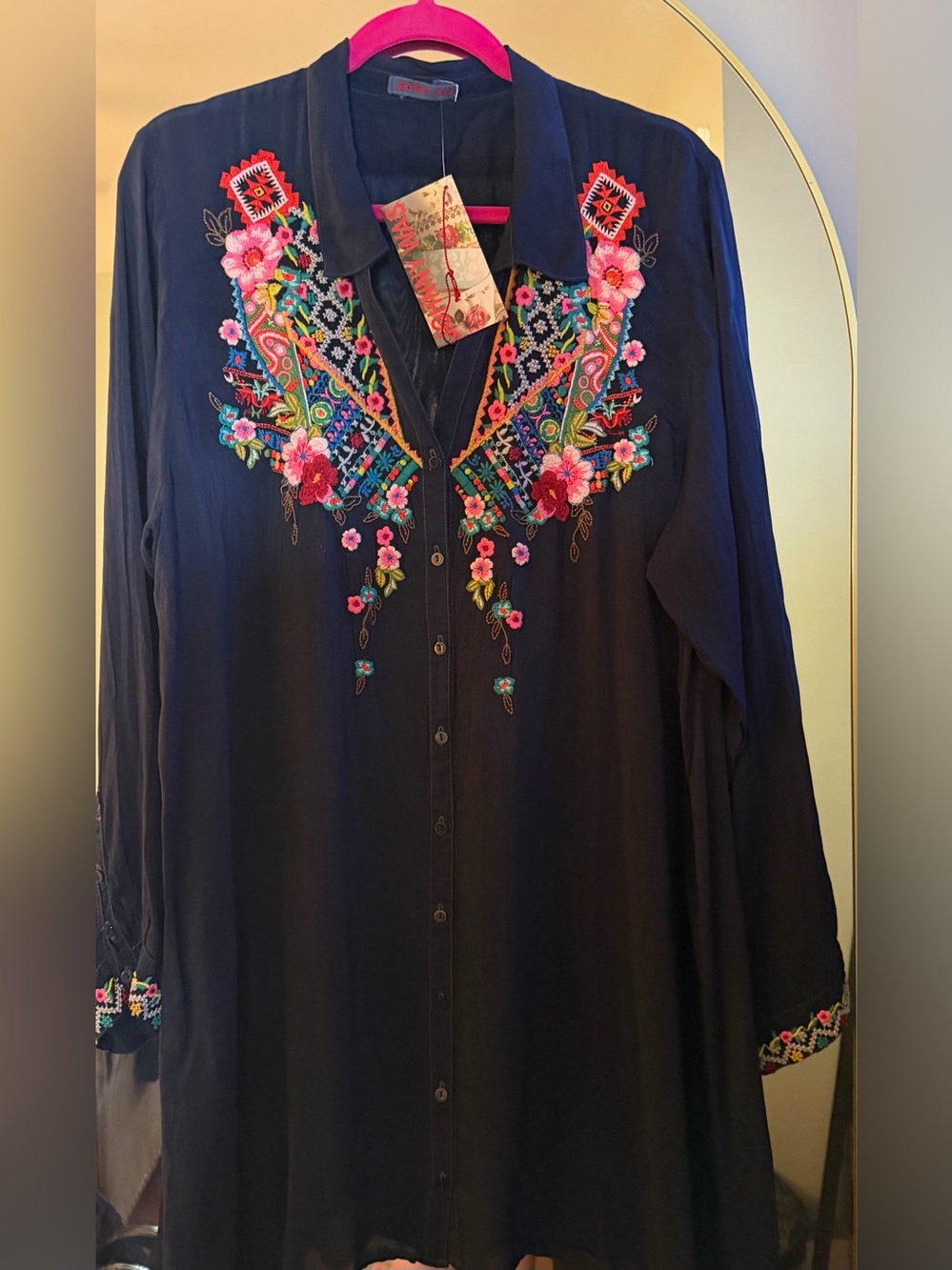 Johnny Was Navy Button-Down Shirt with Multicolor Floral Embroidery